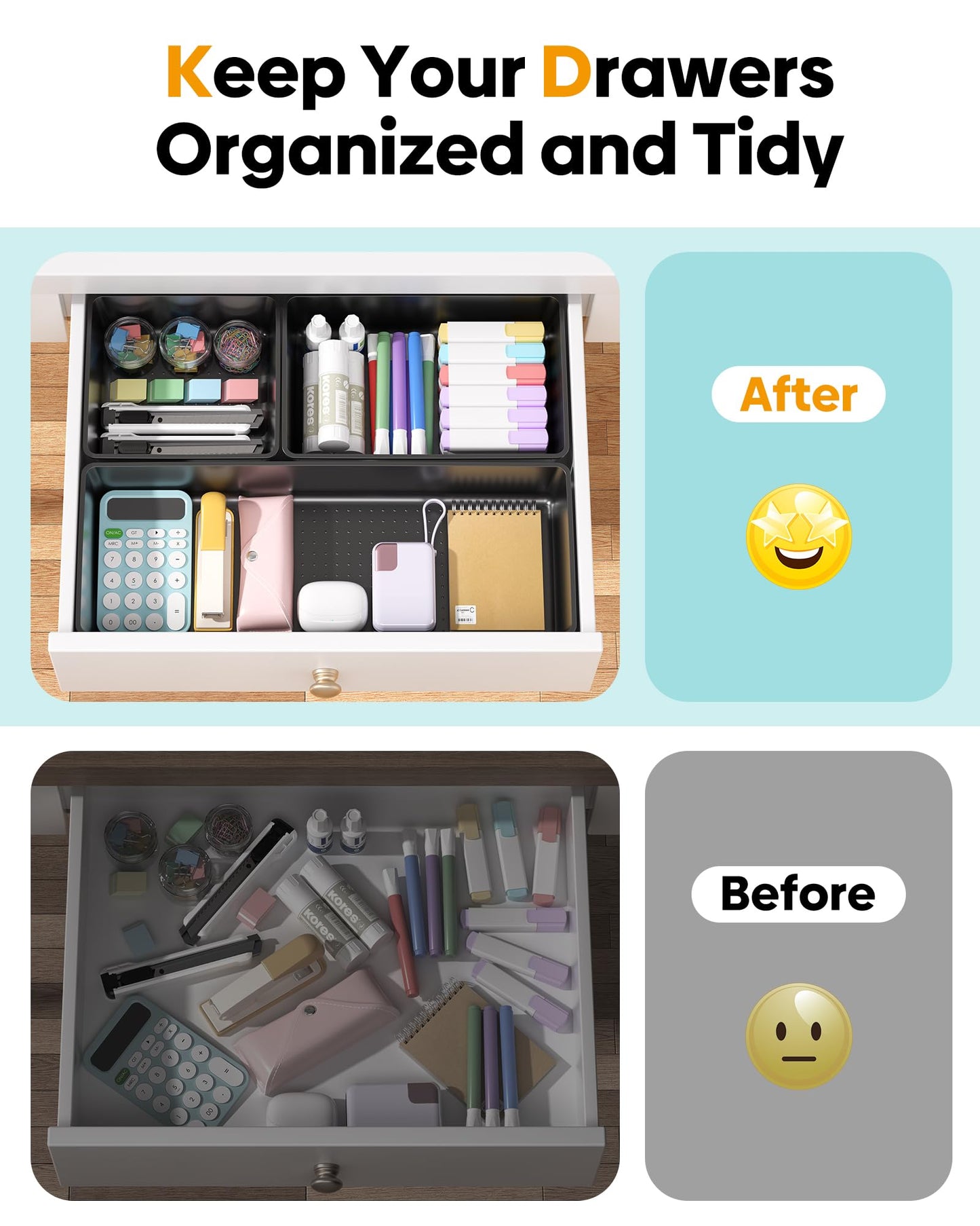 MLIKLU 10 Pack Large Size Plastic Drawer Organizers Set, 3 Sizes Desk Drawer Organizer Trays, Storage Bins for Vanity, Makeup, Bathroom, Kitchen Utensils and Office (Black)