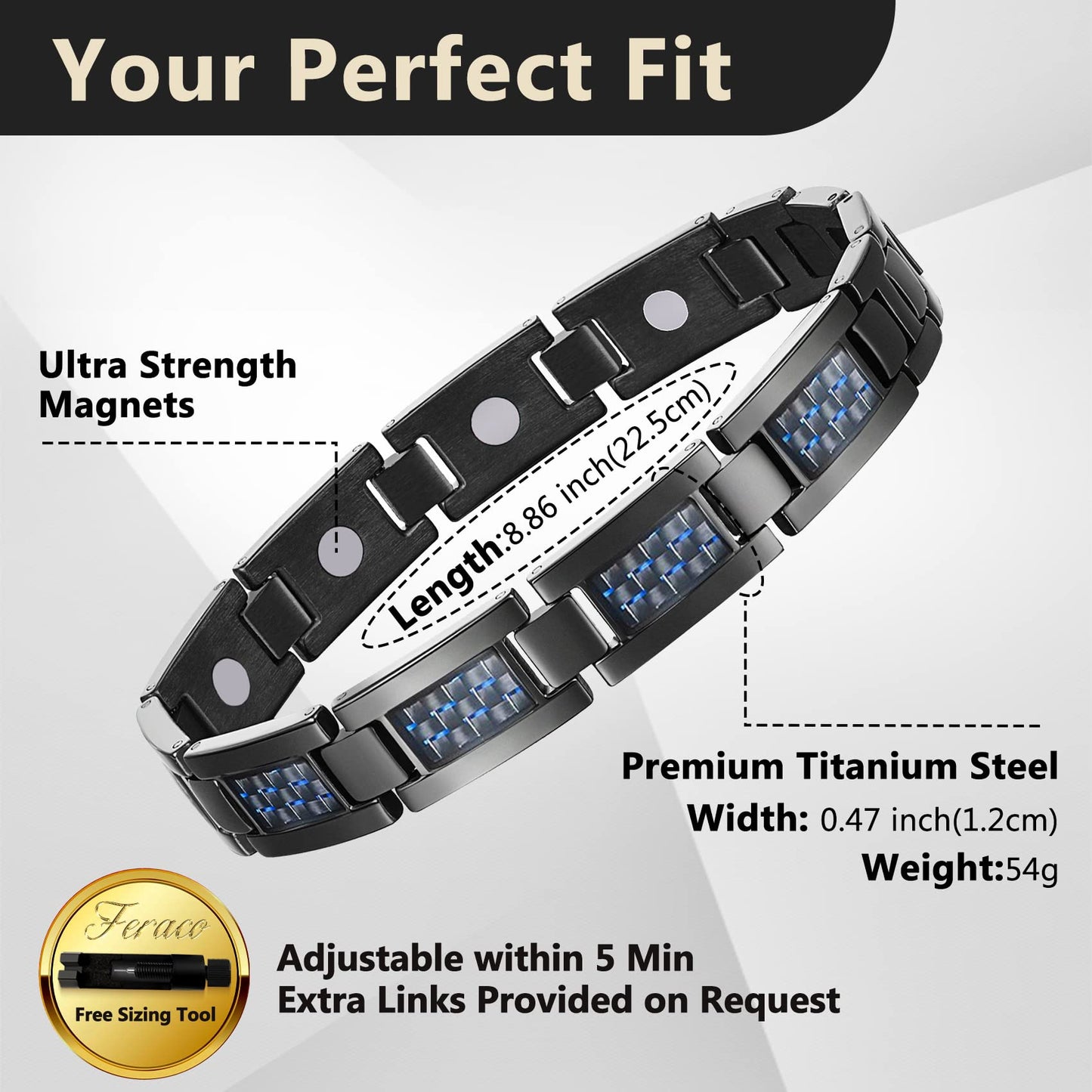 Feraco Magnetic Bracelets for Men, Stainless Steel Magnets Bracelets with Unique Blue Carbon Fiber & 3500 Gauss Powerful Magnets, Adjustable with Sizing Tool