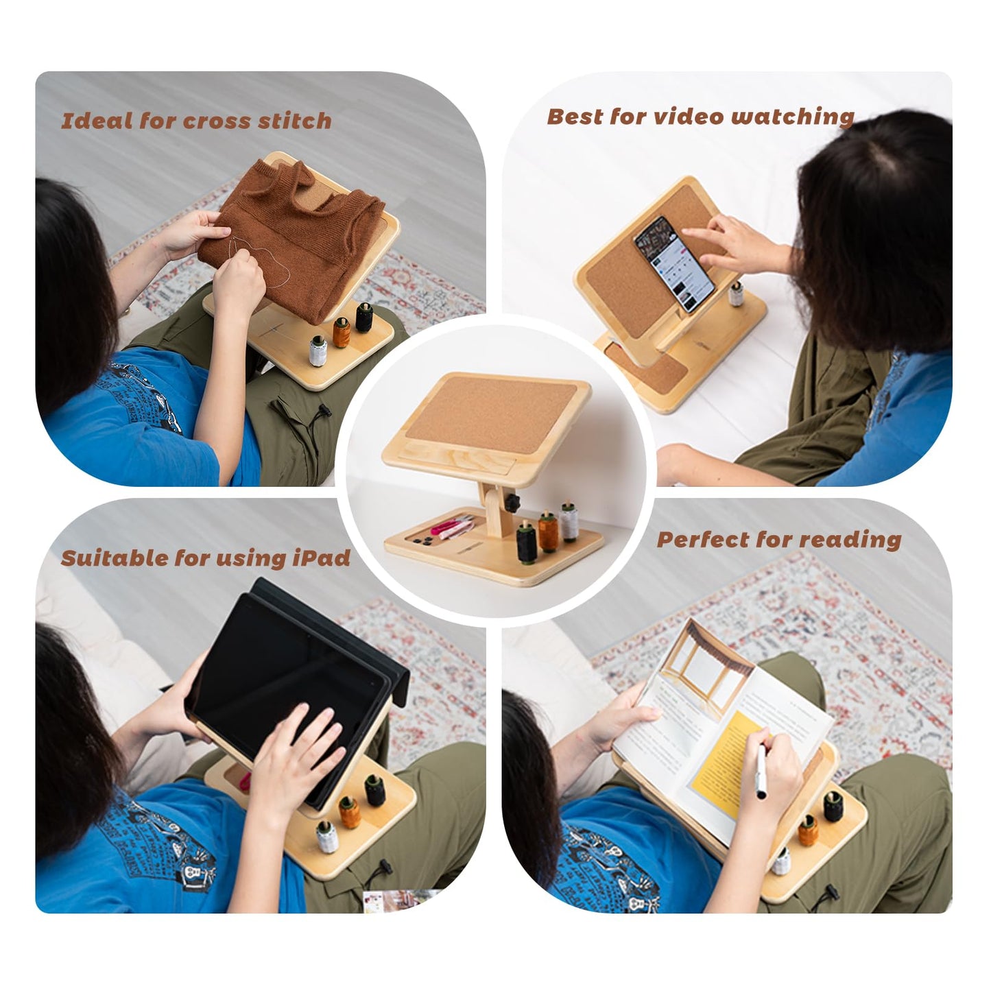 Tnstbiee Adjustable Lap Desk for Sewing & Crafting - Portable Folding Table with Wood Storage for Sewing Machines & Accessories, Perfect for Cross Stitch, Reading, iPad Use & Craft Essentials