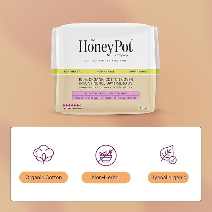 The Honey Pot Company - Incontinence Pads for Women - 64ct - Daytime Non-Herbal - Bladder Leak Control - Organic Cotton Cover & Ultra-Absorbent Pulp Core - FSA & HSA Eligible