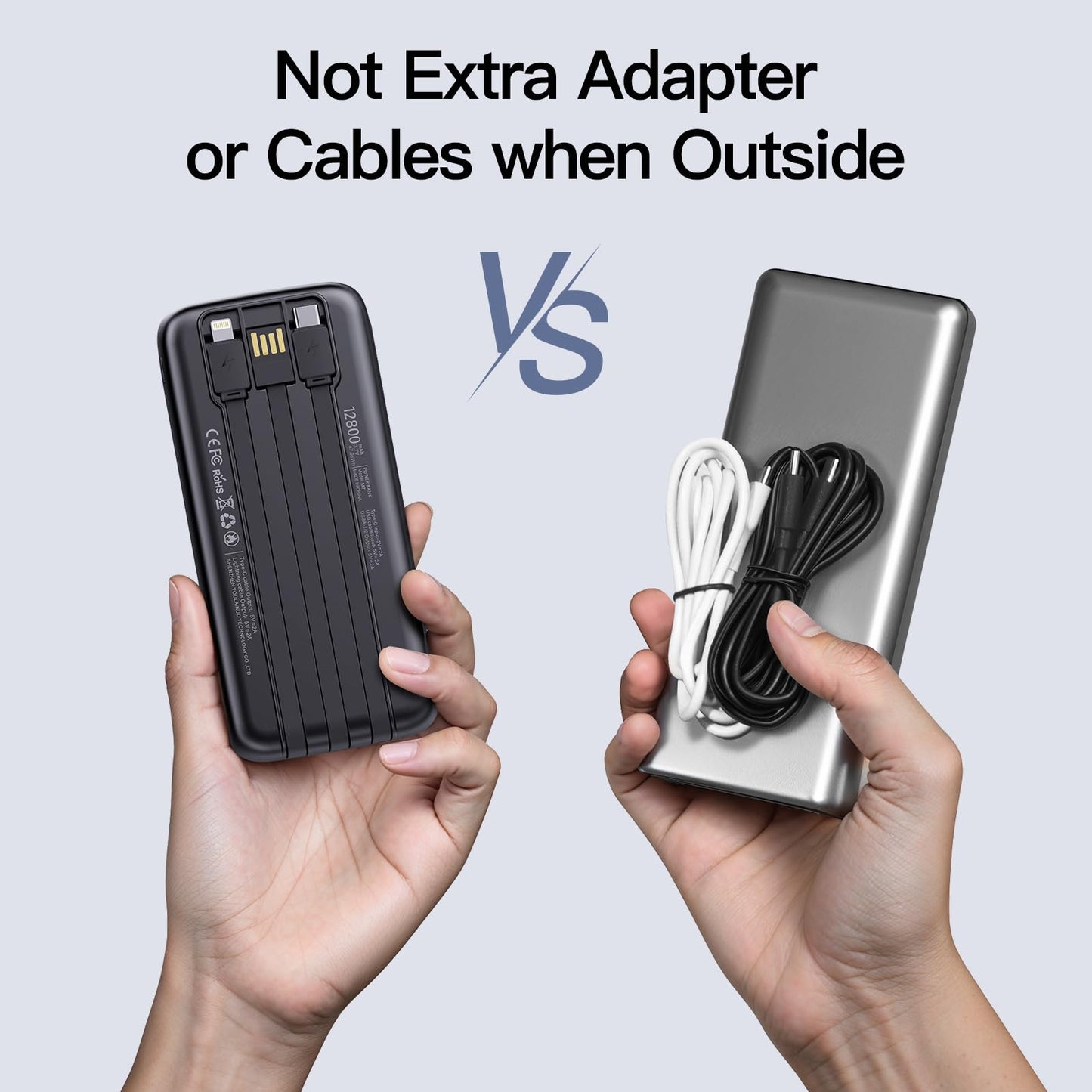 2026 2-Pack 12800mAh Portable Charger with Built in Cables, Travel Essential Battery Pack, 4 Outputs 2 Inputs Slim Power Bank with Cord Wires for iPhone 17/16/15/14, Samsung Galaxy S23/22, Pixel etc