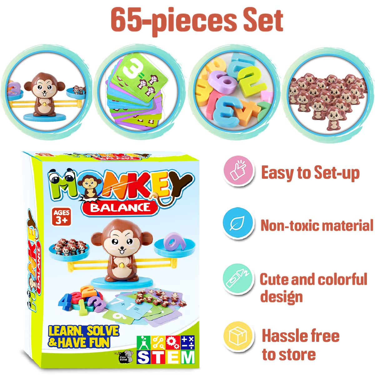 CozyBomB™ Monkey Scale Balance Counting Toys Math Games STEM Preschool Educational Toys for 3 4 5 Year olds Math Educational Kindergarten Number Learning Games Gifts for Boy Girl Birthdays Christmas