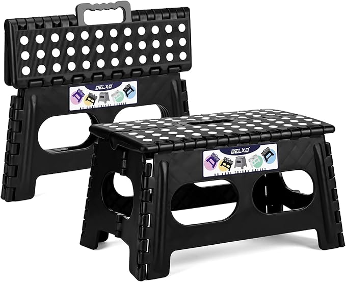 Delxo Folding Step Stool for Kids and Adults,15-Inch Extra Wide 9 Inch 2 Pack Height Heavy Duty Stepping Stool More Safe and Comfortable Non Slip Foldable Step Stool Black