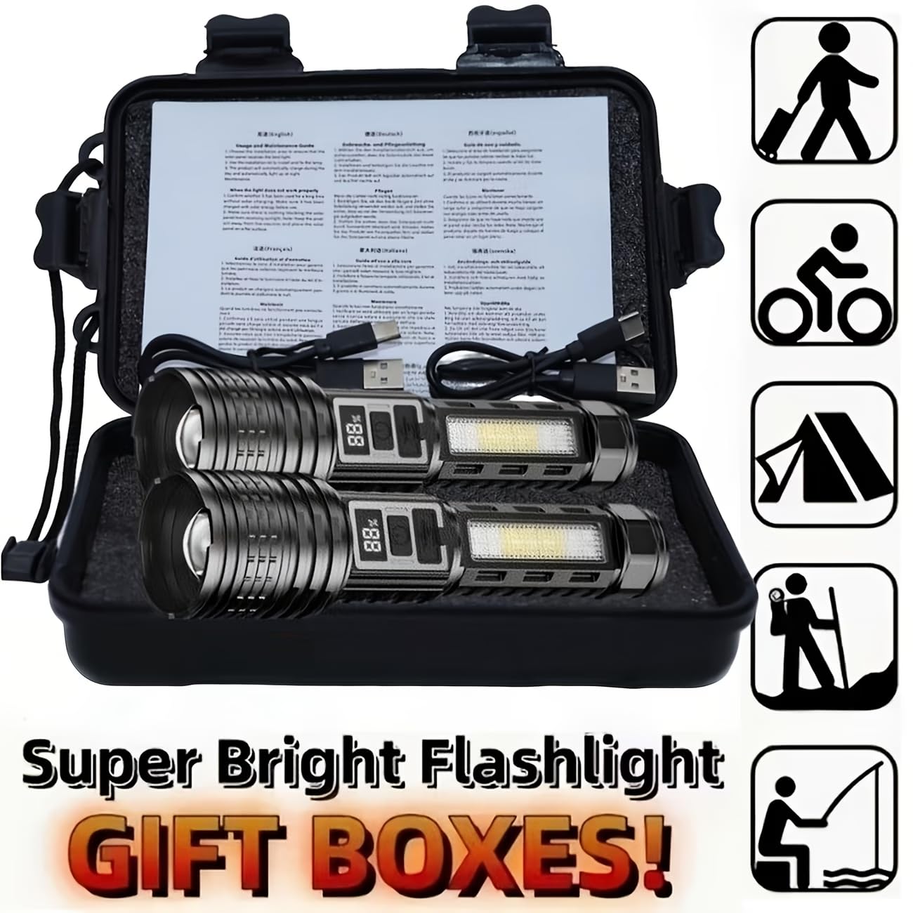 1PC/2PCS high Brightness Rechargeable LED flashlights, with a Total of 7 Modes, COB Side Light - red Blue Flash with Digital Display Function, Gift Box Set, Suitable for Emergency situations (2)
