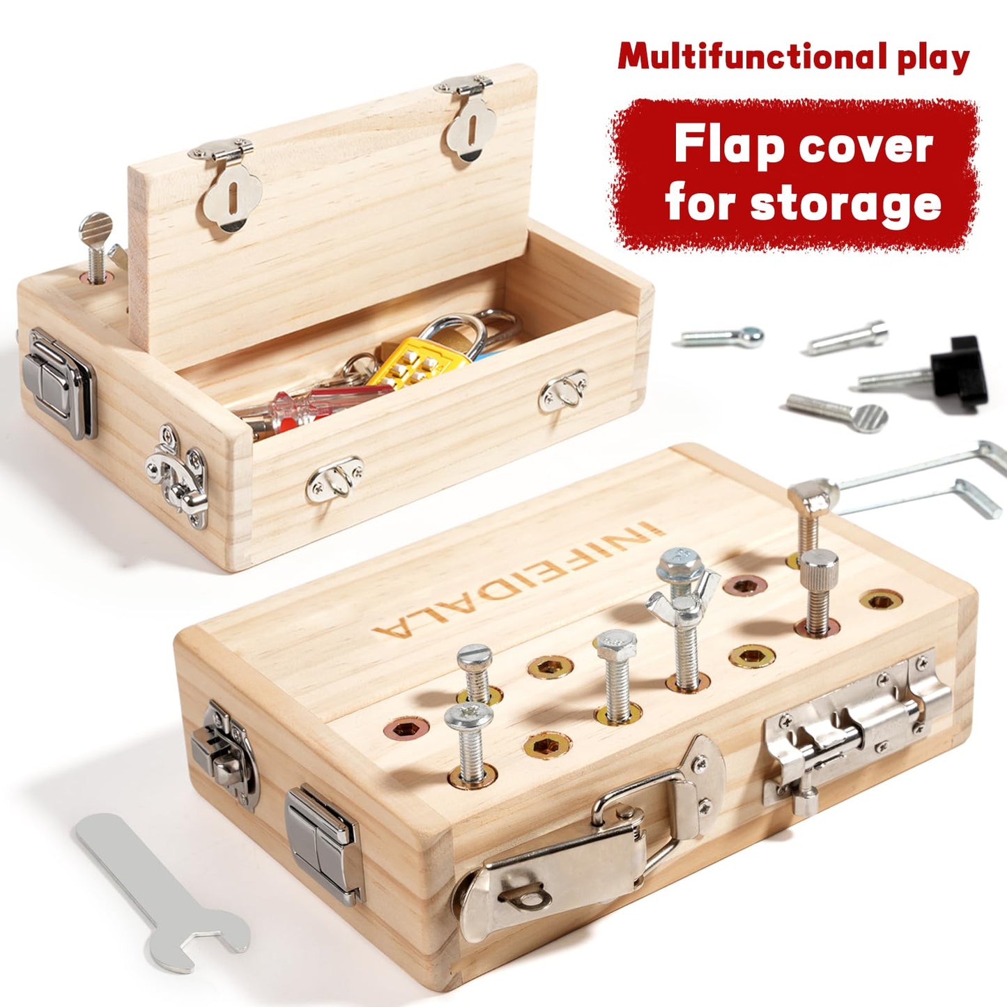 INIFEIDALA Montessori Busy Board for Toddlers Ages 3+ - Wooden Sensory Activity Board with Locks Keys & Screwdriver Tool Set - Educational STEM Learning Toy for Fine Motor Skills Development