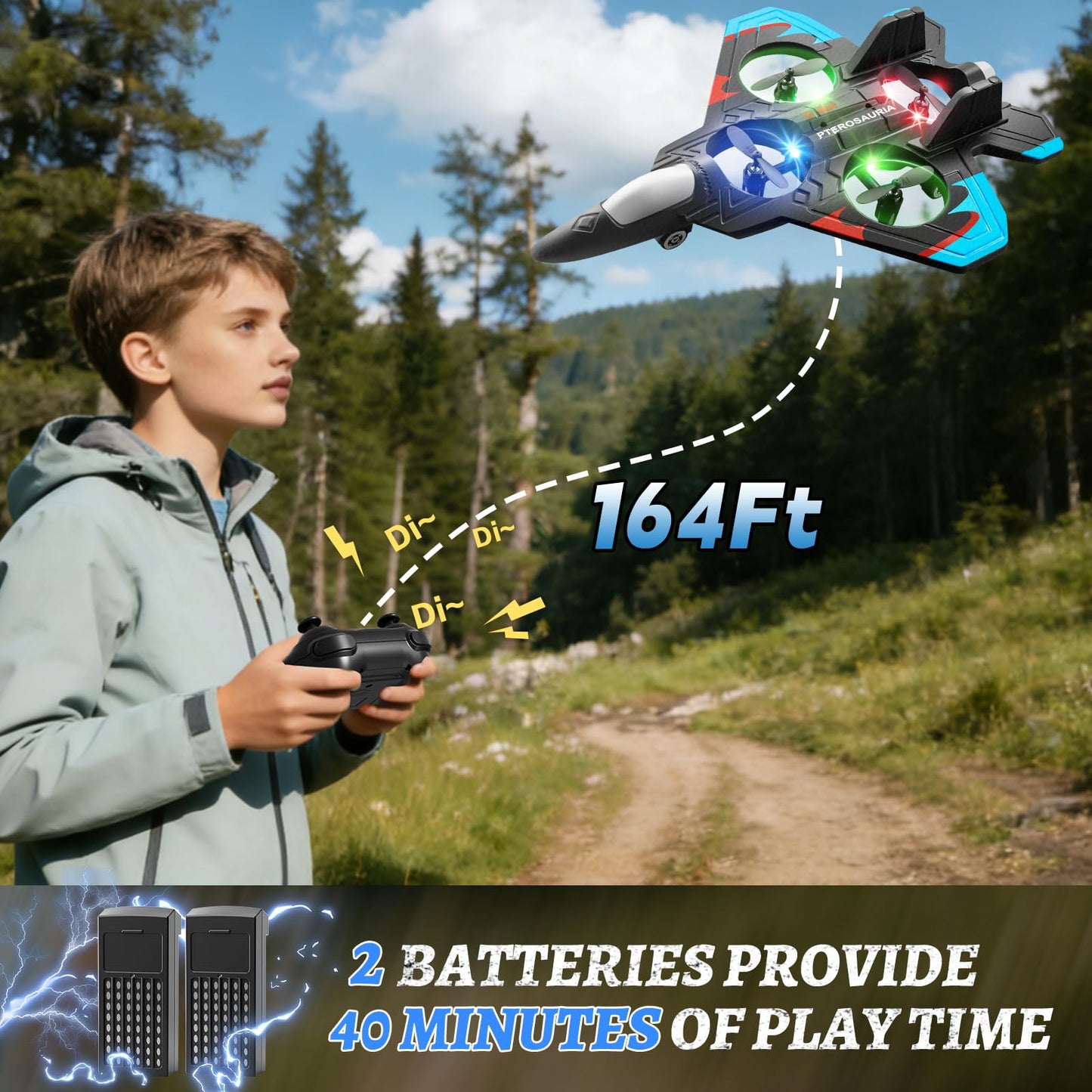 RC Plane for Kids Adults, Foam Remote Control Airplanes Fighter Jet Drone with 2 Batteries, 360° Flip, LED Light, Stunt Roll, Altitude Hold, Easy to Fly for Beginners, Toy Gift for Boys Girls 8-16+