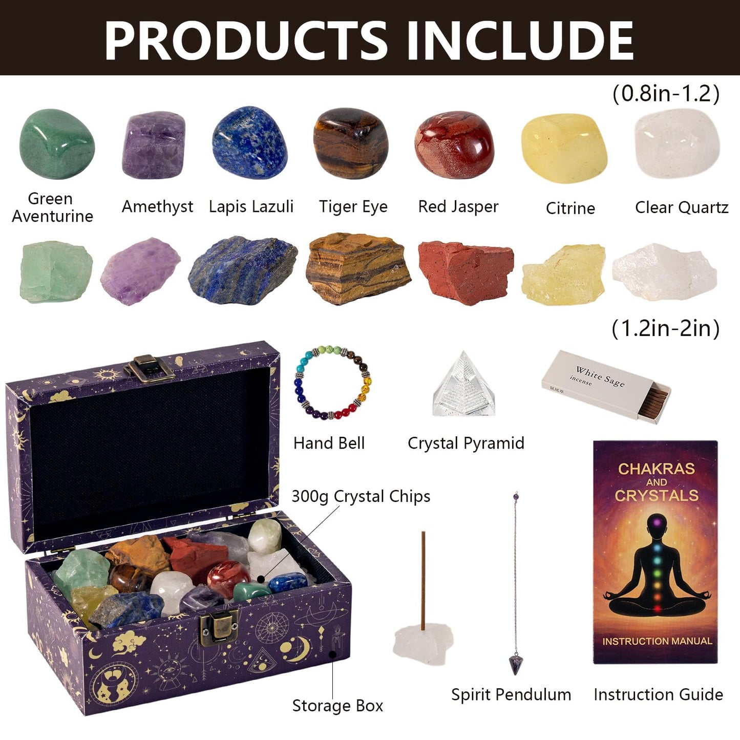 20Pcs Crystals and Healing Stones Set - 14Pcs Chakra Stones,Spirit Pendulum,Crystal Pyramid,300gCrystal Chips,Hand Bell,Gift Box,Instruction Guide - Gifts for Women (22 pcs)