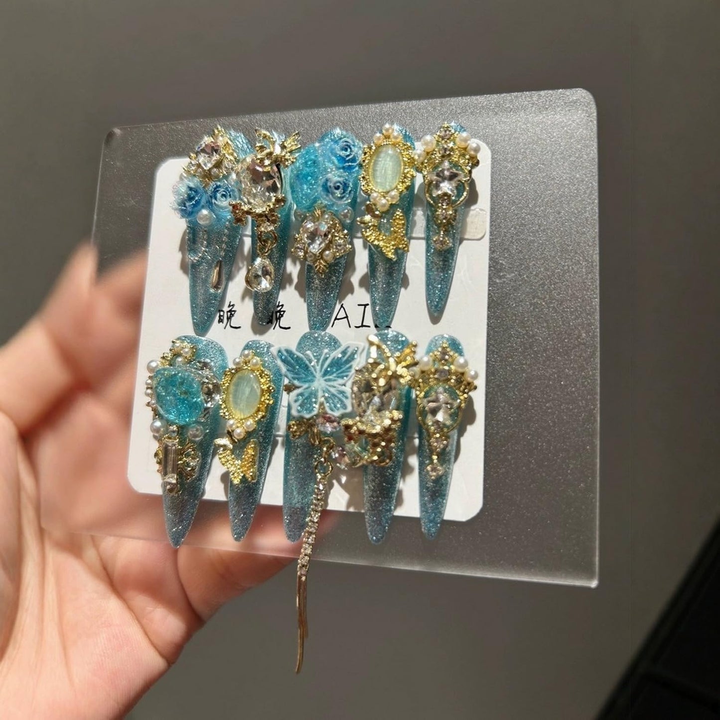 Luxury Press on Nails Long Almond Handmade 3D Unique Reusable ABS Material Fake Nails Light Blue Gothic False Nails with Designs Rhinestones Charms Glitter Glossy Glue on Thick Acrylic Nails(M)