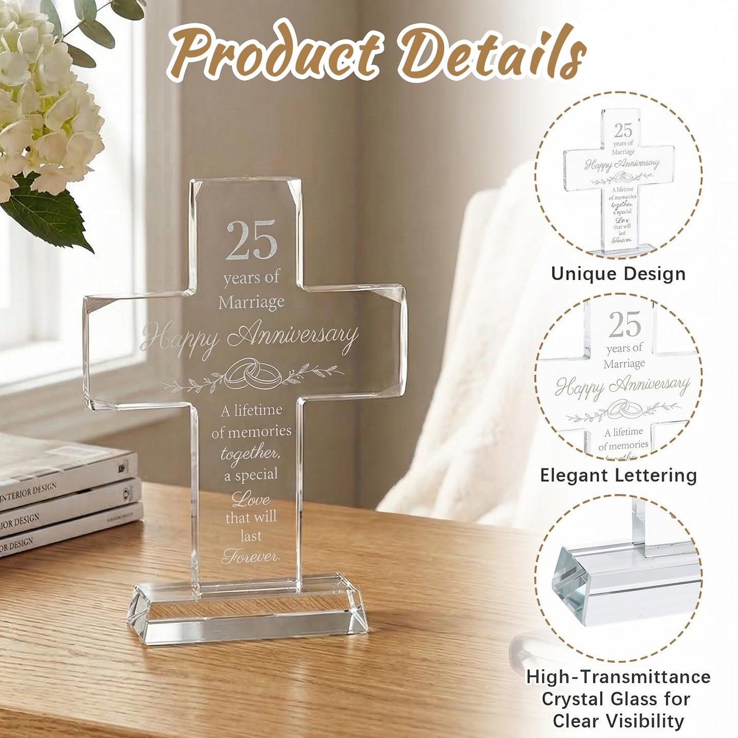 25th Wedding Anniversary for Couple Gifts, Religious Standing Cross Crystal with Wedding Keepsake Box, Laser Engraved 25 Year Anniversary Romantic Gift for Decorations, Couple, Her, Him