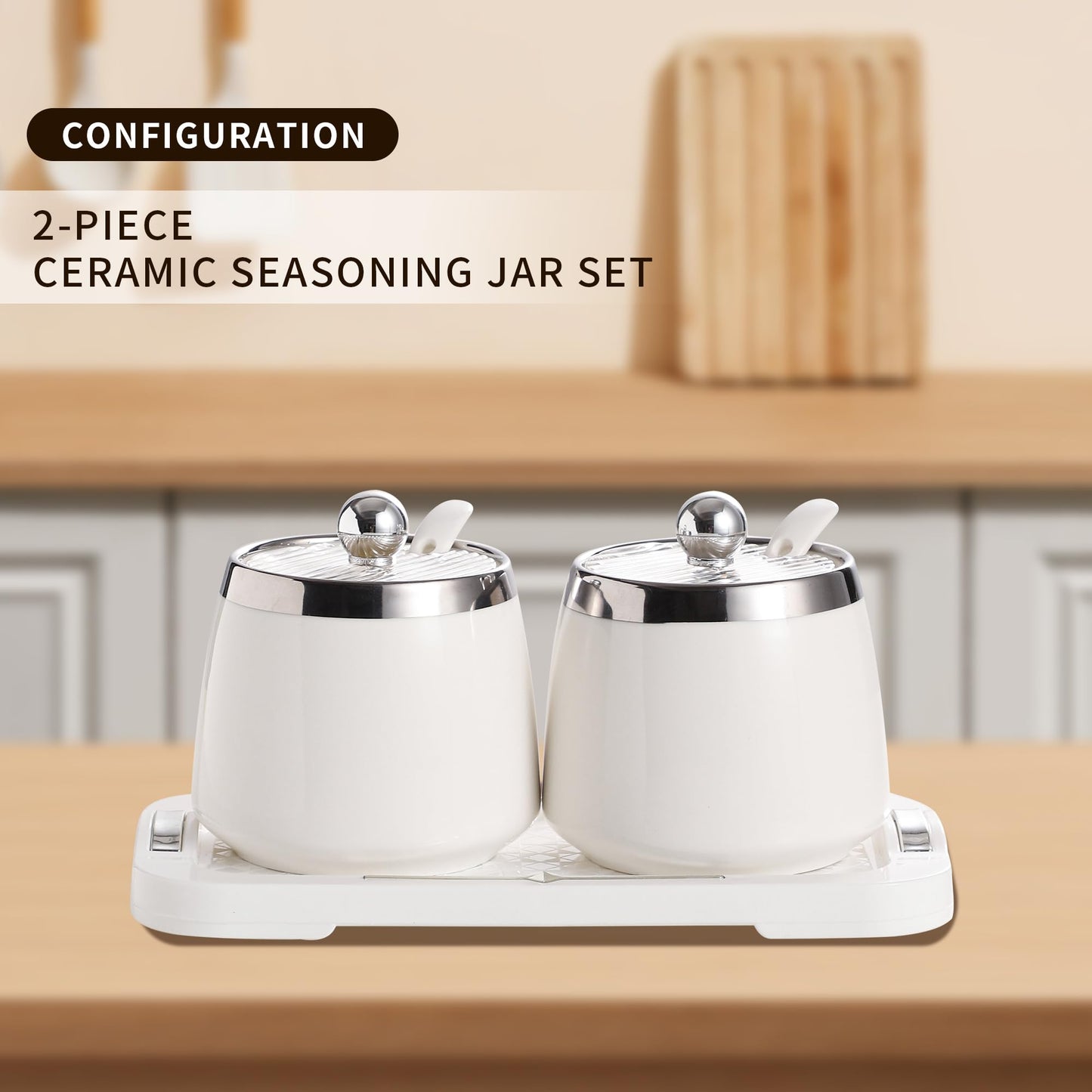 shuqiao Porcelain Condiment Jar Spice Container with Lid - Ceramic Spoon, Plastic Tray is the best clay pot for your home, kitchen, counter. White, 280 ml (9.4 oz), 2-piece set (3, Square)