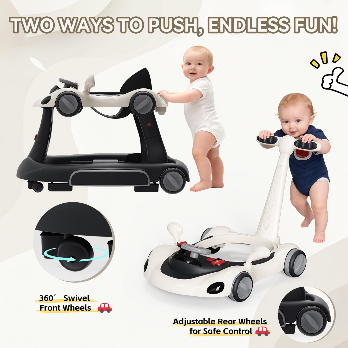 Baby Walker with Wheels, 7-in-1 Foldable Baby Walkers for Boys Girls 6-12 Months with Feeding Tray & Music, Lights,Rocker,Sun Canopy, Bouncing Pedal, Adjustable Wheel Speed, Push Walker (Black)