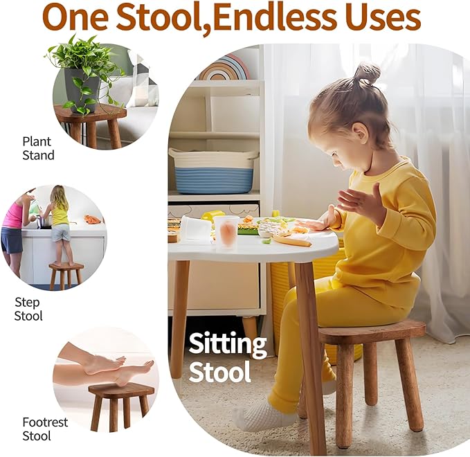 Small Wooden Step Stool, Cute Non-Slip One Step Stool for Adults Kids, Easy to Assemble Portable & Sturdy Foot Stool for Bedroom, Bathroom, Kitchen - 9 Inch Holds up to 300 Lbs