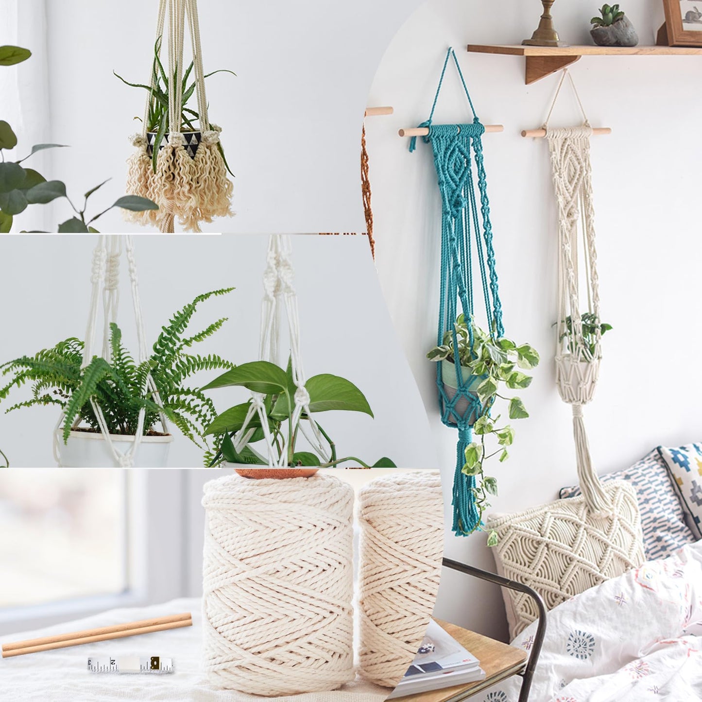 Hdviai Macrame Plant Hanger Kit, 3mm x 220Yards Cord for Adult Beginners DIY Macrame Wall Hanging Kit, with 2Pcs Wooden Dowels + Beginner's Manual + Soft Ruler+ Five Wooden Beads