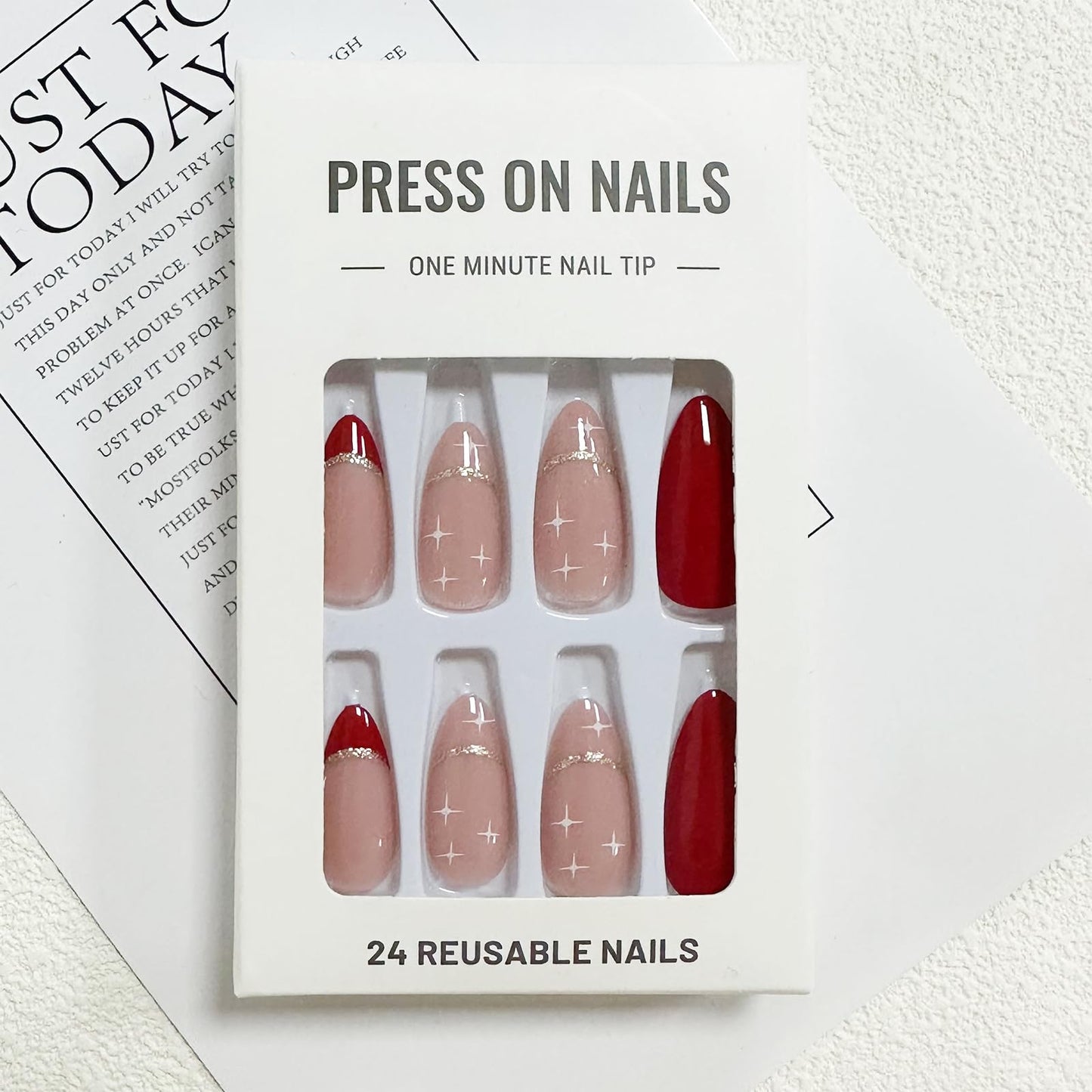 FJSMTOPl Red Press on Nails - Medium Almond Fake Nails - French Tip False Nails Press ons - Christmas Glossy Full Cover Glue on Nails - Acrylic Artificial Stick on Nail for Women Manicure 24Pcs