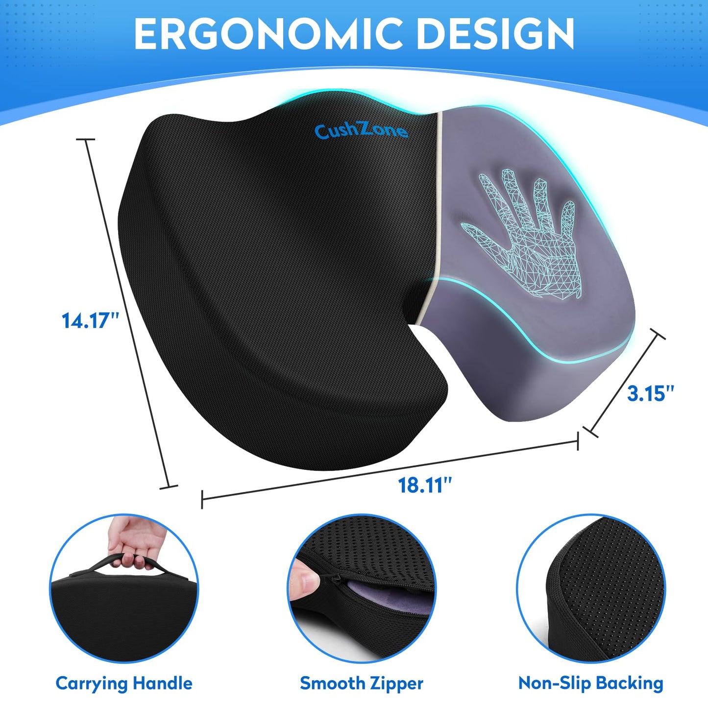 CushZone Seat Cushion - Memory Foam Office Chair Cushion for Sciatica, Tailbone & Back Pain Relief - Orthopedic Coccyx Pillow for Car, Airplane, Pregnancy & Long Sitting at Work, Black