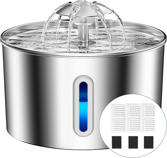 Cat Water Fountain Stainless Steel - 74oz/2.2L Automatic Large Pet Watering Bowl Dispenser for Indoor Cats - Drinking Fountains with 6 Filter, Gifts for Dogs and Kitty - Dog Waterer Bowls No Spill