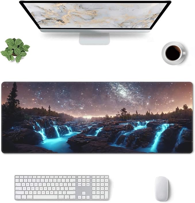 Milky Way with Forests and Waterfalls Extended Big Mouse Pad Large,XL Gaming Mouse Pad Desk Pad,31.5x11.8inch Long Computer Keyboard Mouse Mat Mousepad with 3mm Non-Slip Base for Home Office Work