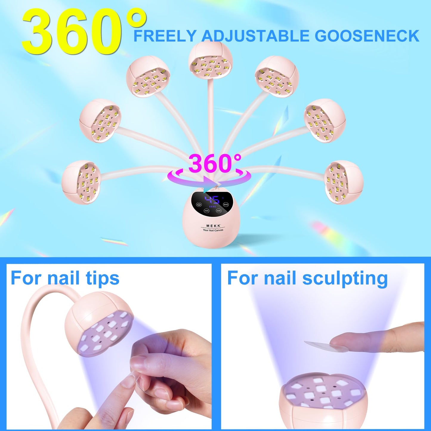 MEKK Gooseneck UV LED Nail Lamp - 36W Cordless Mini UV Light for Gel Nails for Home & Travel, Single Nails Light for Detail Work, Flash Cure Lamp with Auto Sensor, 4 Timers, Flower Design (Pink)