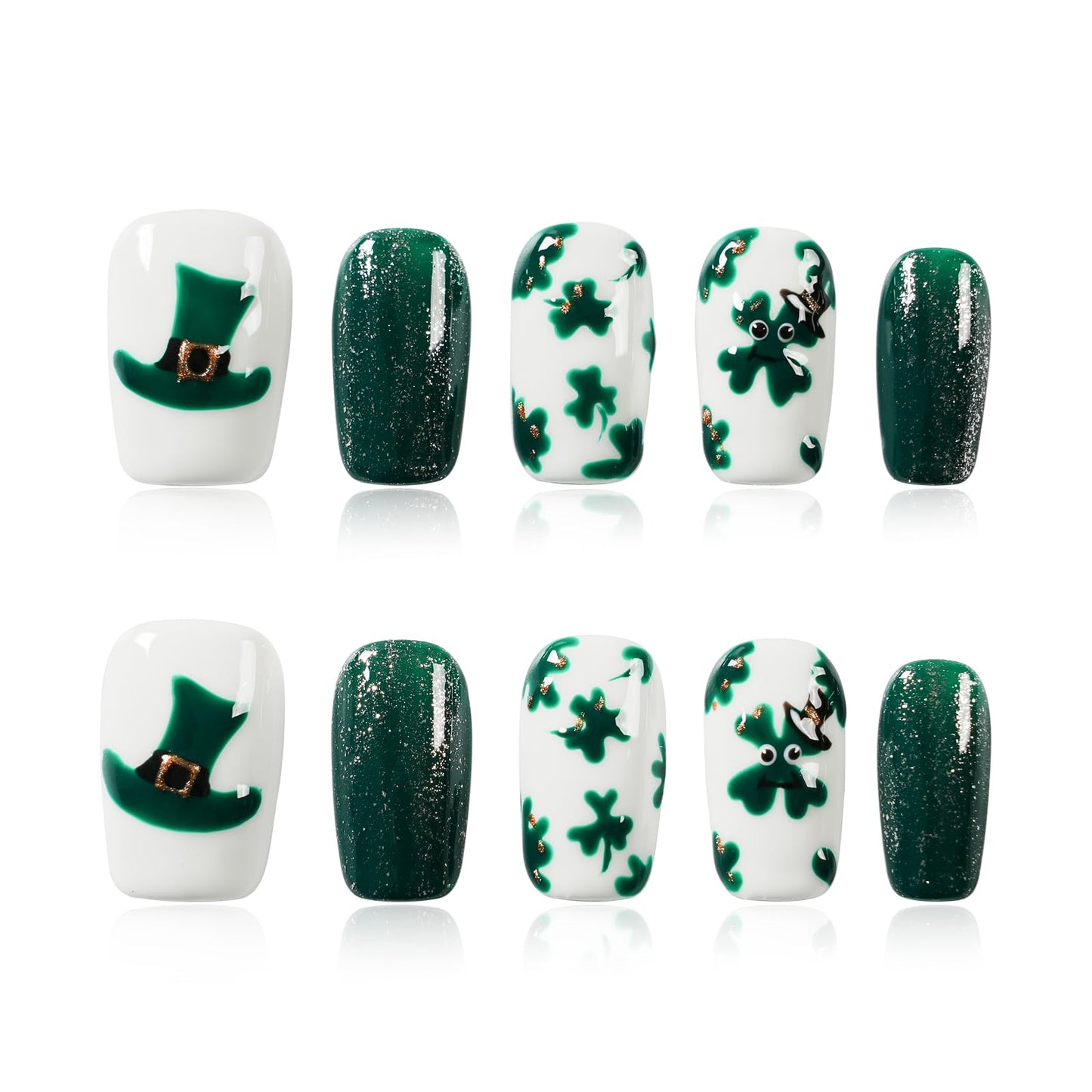 Tesytto Medium Coffin Press On Nails, Green Glitter & White Fake Nails with 3D Green Hat & Clover Print, Handmade Acrylic Nails Glossy Full Cover False Nails (Size S)