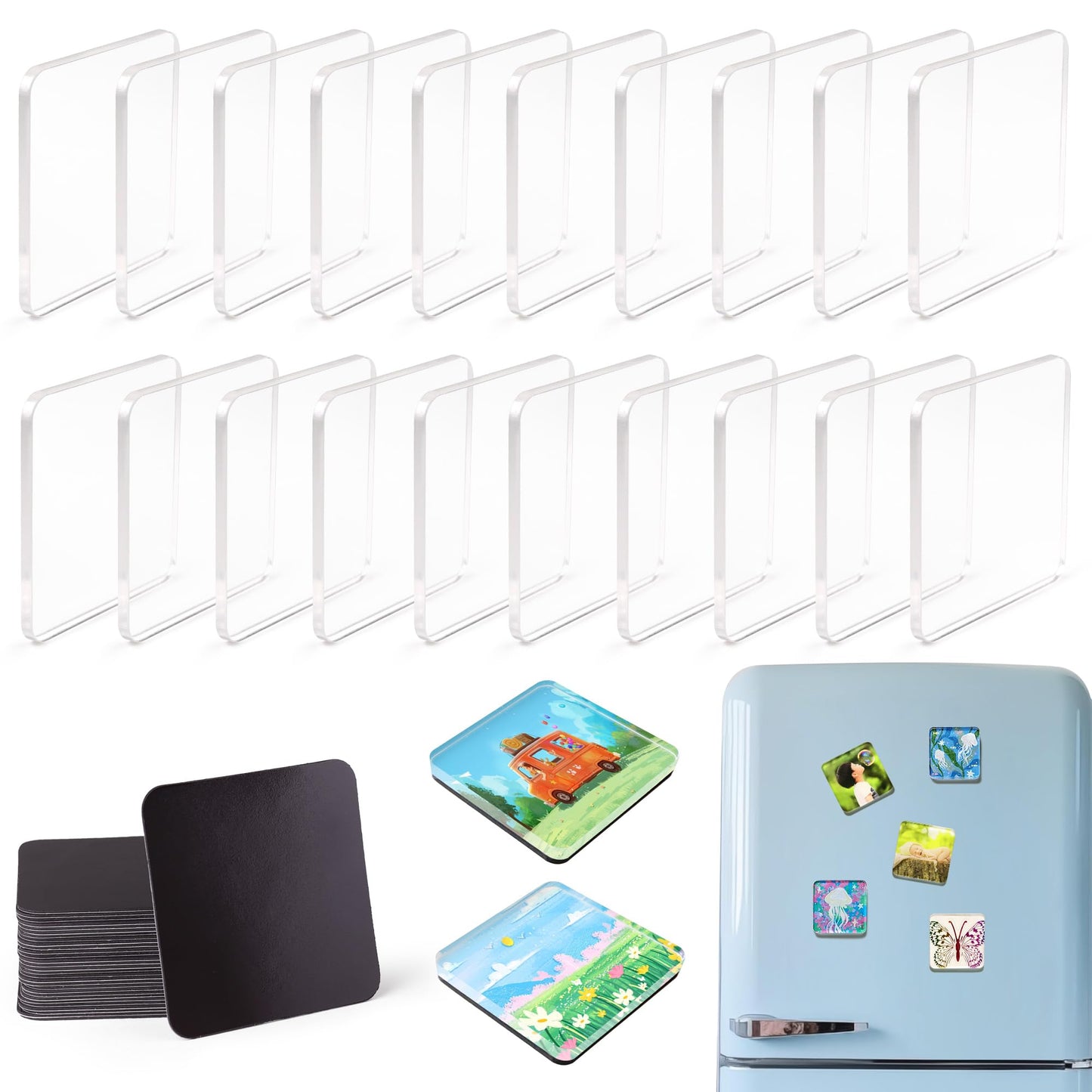 RAINBOW WSK 20 Pcs DIY Fridge Magnet Kit - Square Clear Acrylic Magnetic Set with Adhesive Backing for Photo,Crafts,Office,Classroom,Cabinets,Kitchen,2 Inch