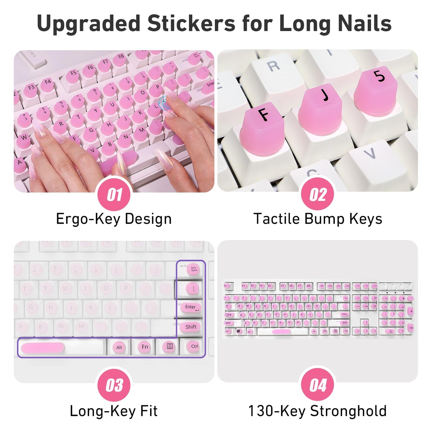 130 Pcs Keyboard Stickers for Long Nails, Ergonomics Raised Keyboard Stickers with Numbers, Self-Adhesive Round-Square PC Keyboard Tabs for Anti-Miss Typing (Pink)