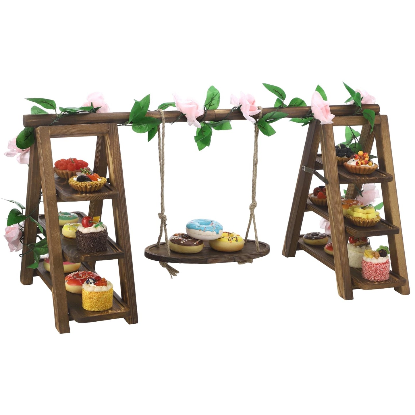 ZALIR Wooden Dessert Table Display Set with Swing and Flower Vine, Multi-Tiered A-Frame Foldable Food Cupcake Display Stand, 32 x 7.9 x 15.7 x 13.8 in for Parties, Weddings, Buffets, Easy Assembly