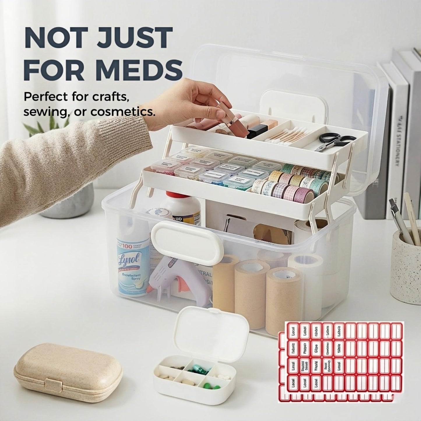 Portable Medicine Organizer Box & First Aid Kit Container – 3-Layer Folding Storage Bin with Handle & Latch, Clear Medical Supply Case for Home, Dorm, Sewing – w/ 2 Pill Pods & Labels