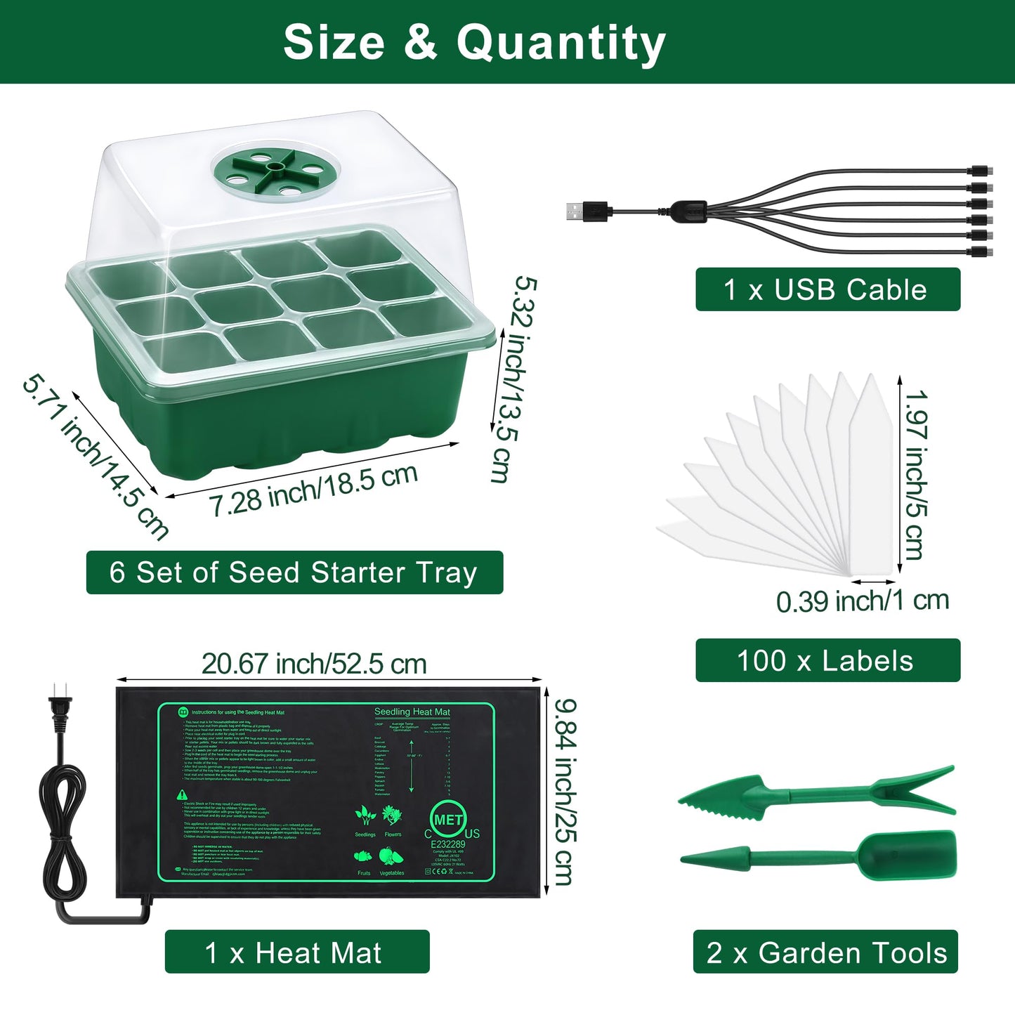 Hahood 6 Pack Seed Starter Tray Kit with Grow Light and Seedling Heat Mat 72 Cells Seed Starter Tray with Humidity Dome and Base Plastic Plant Growing Germination Trays for Seed Propagation, Green