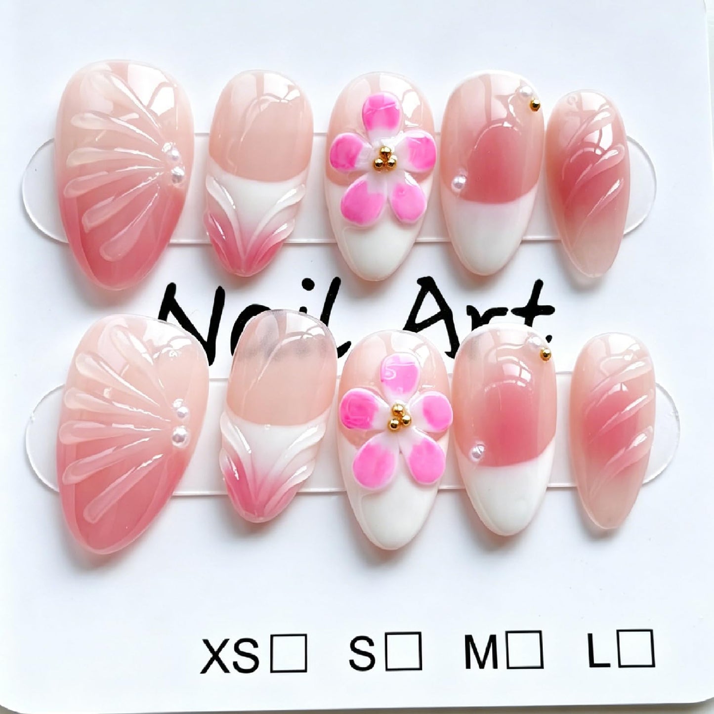 Threelegscat Cute Short Almond Handmade Press on Nails, Gradient Pink 3D Shell Flower Fake Nails Reusable for Women Daily Beach Vacation (Size M)10 PCS