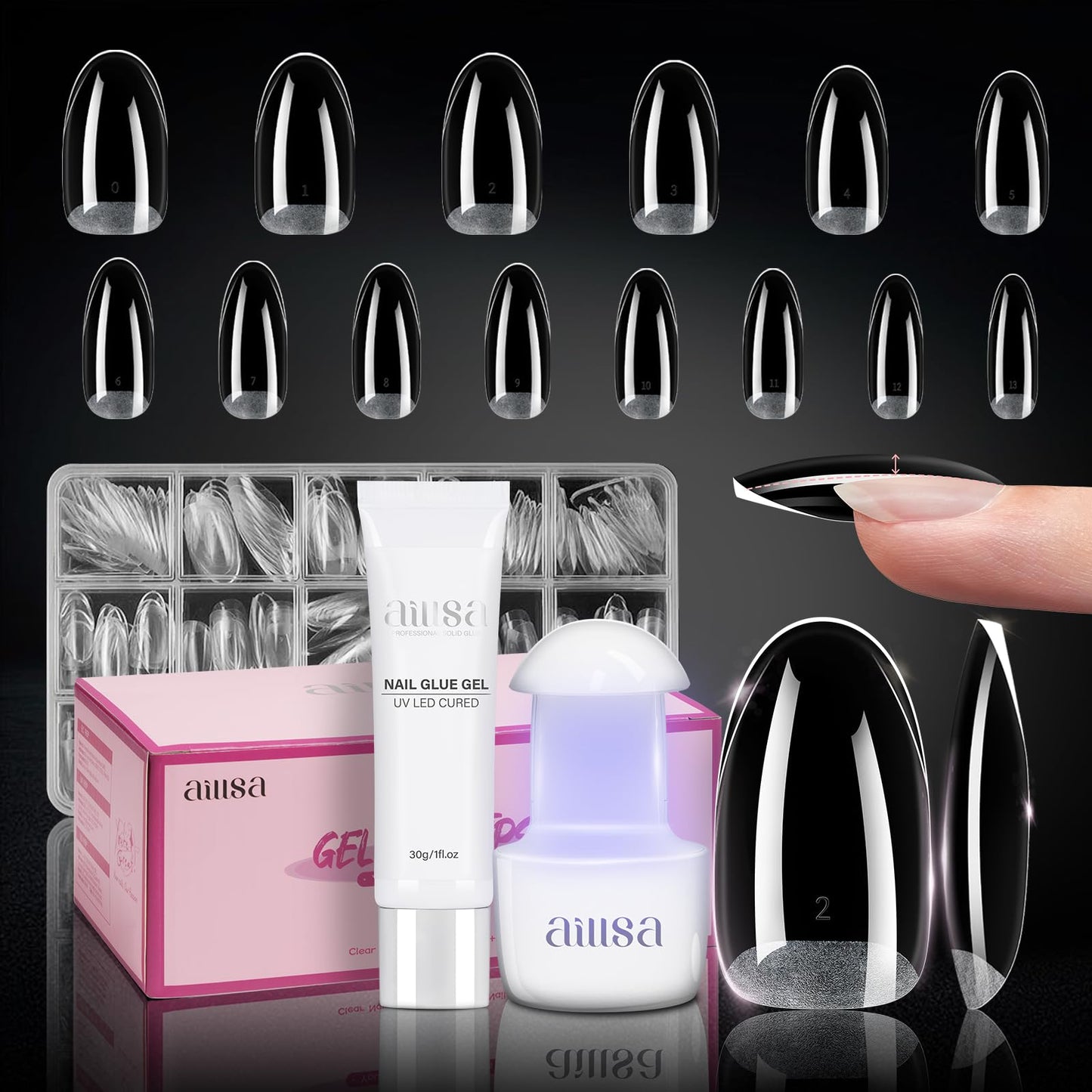 AILLSA Gel Nail Kit Medium Oval Nail Tips 224pcs, Solid Gel Nail Glue 30g for Acrylic Fake Nails, Gel Full Nail with Nail Lamp
