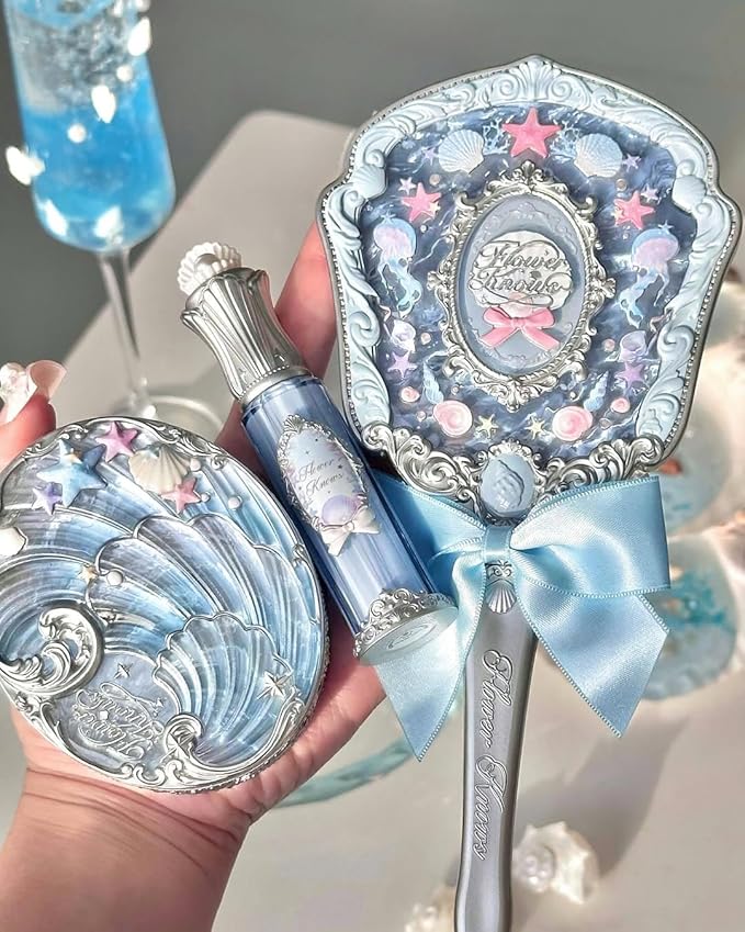 Flower Knows Shell's Jewel Hand Mirror,Vintage Portable Handheld Mirror,Fancy & Pretty Princess Mirror with Long Handle,Gift for Girls(Blue Seashell)