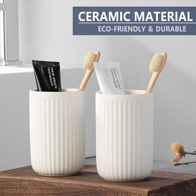 White Toothbrush Holders for Bathrooms - 1 Cups Ceramic Toothbrush Toothpaste Holders, White Bathroom Tumbler Cups Reusable Toothbrush Mouthwash Cup, Bathroom Counter Organizer.