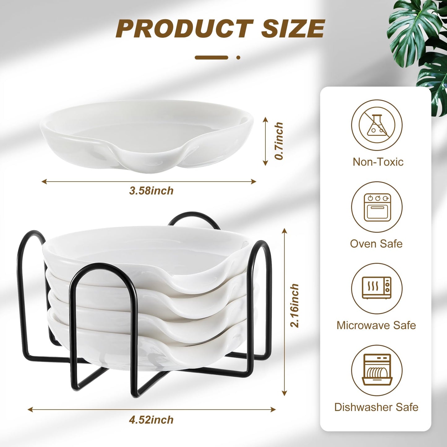 Bokon 4 Pack Ceramic Spoon Rest with Holder, Kitchen Utensil Rest for Stove Top, Dipping Sauce Dishes, Heat Resistant and Dishwasher Safe (White)