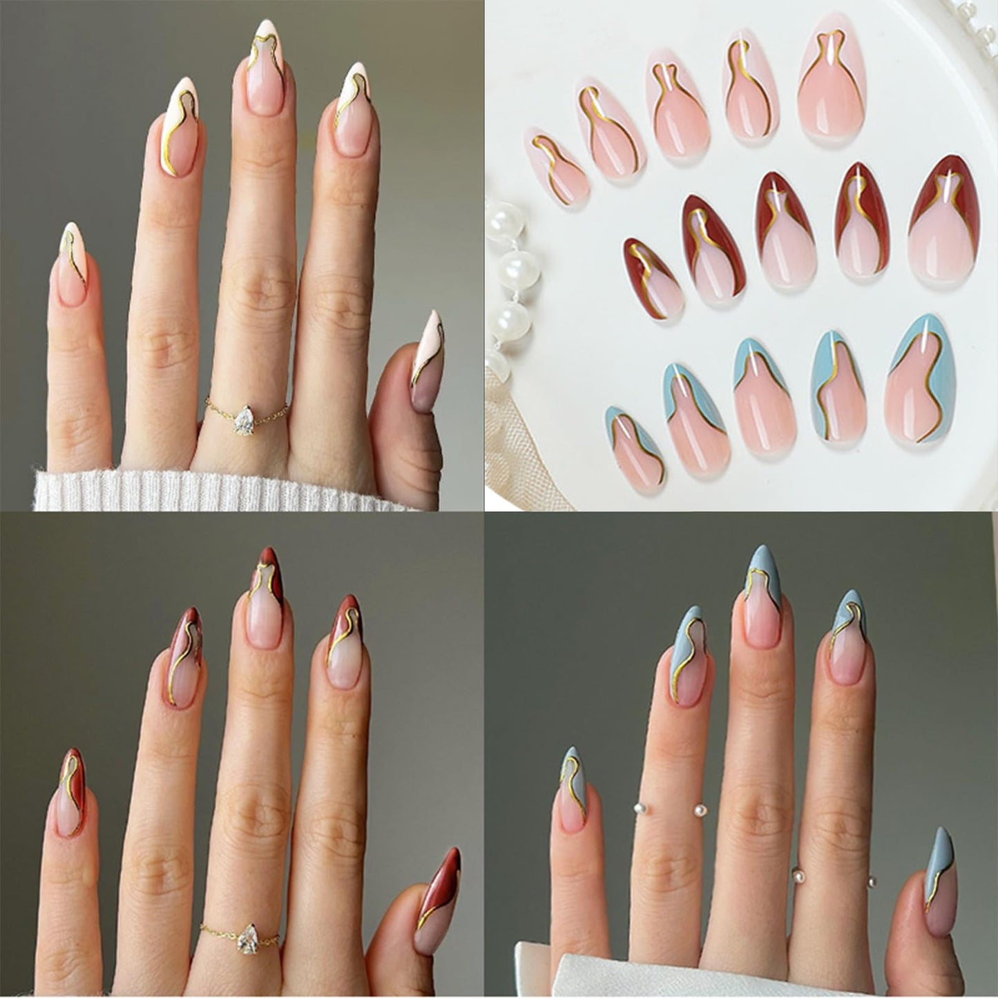3Packs 72Pcs French Tip Press on Nails Medium Almond Fake Nails with Gold Stripes Line Designs Glue on Nails White Red Blue False Nail Tip Acrylic Nails Manicure Kit for Women Girls 12 Sizes
