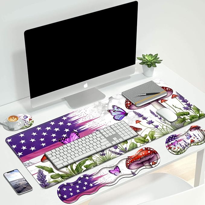 4 in 1 Ergonomic Keyboard Wrist Rest & Mouse Pad Wrist Rest Set, Large XXL Gaming Desk Mat 31.5"x 11.8" with Non-Slip Base, Memory Foam for Home Office Study Gaming, American Flag Mushroom Butterfly