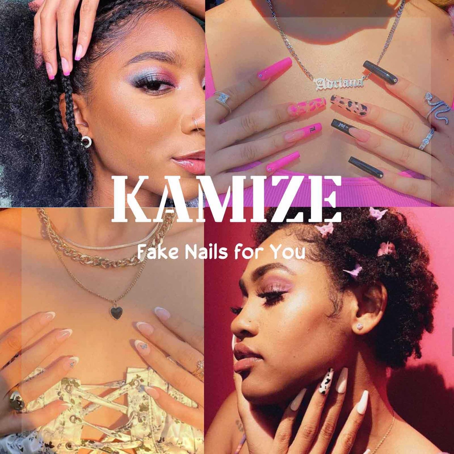 Kamize Short Almond Fake Nails Press on Nails Full Cover Acrylic Swirl False Nails Glossy for Women 24PCS