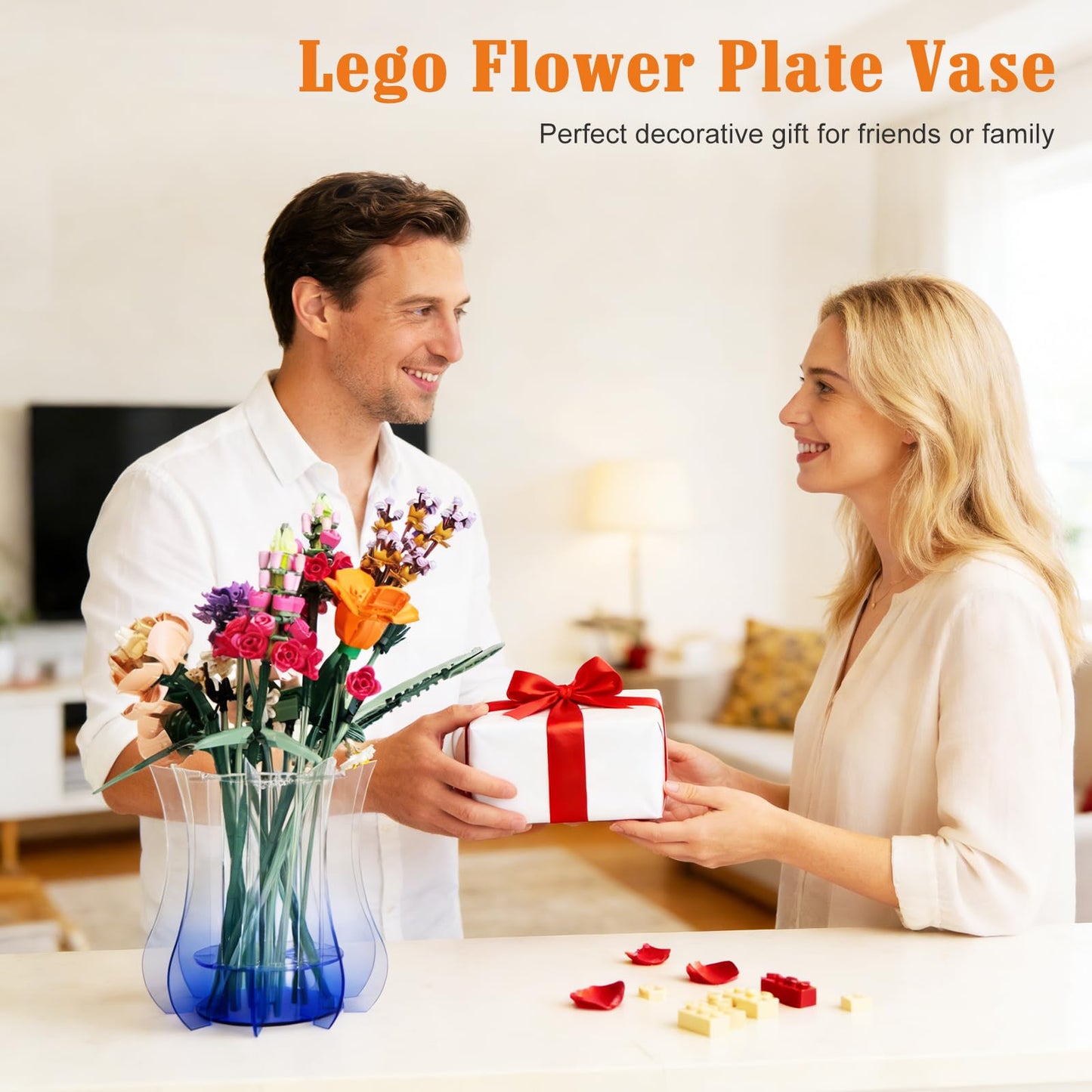 Upgraded Acrylic Vase for Lego Flowers - Thickened Sturdy Display Stand & Holder for Lego Flower Bouquet Building Set, Botanical Collection, Roses & Orchids | Larger Hole Arrangement Design (Blue)