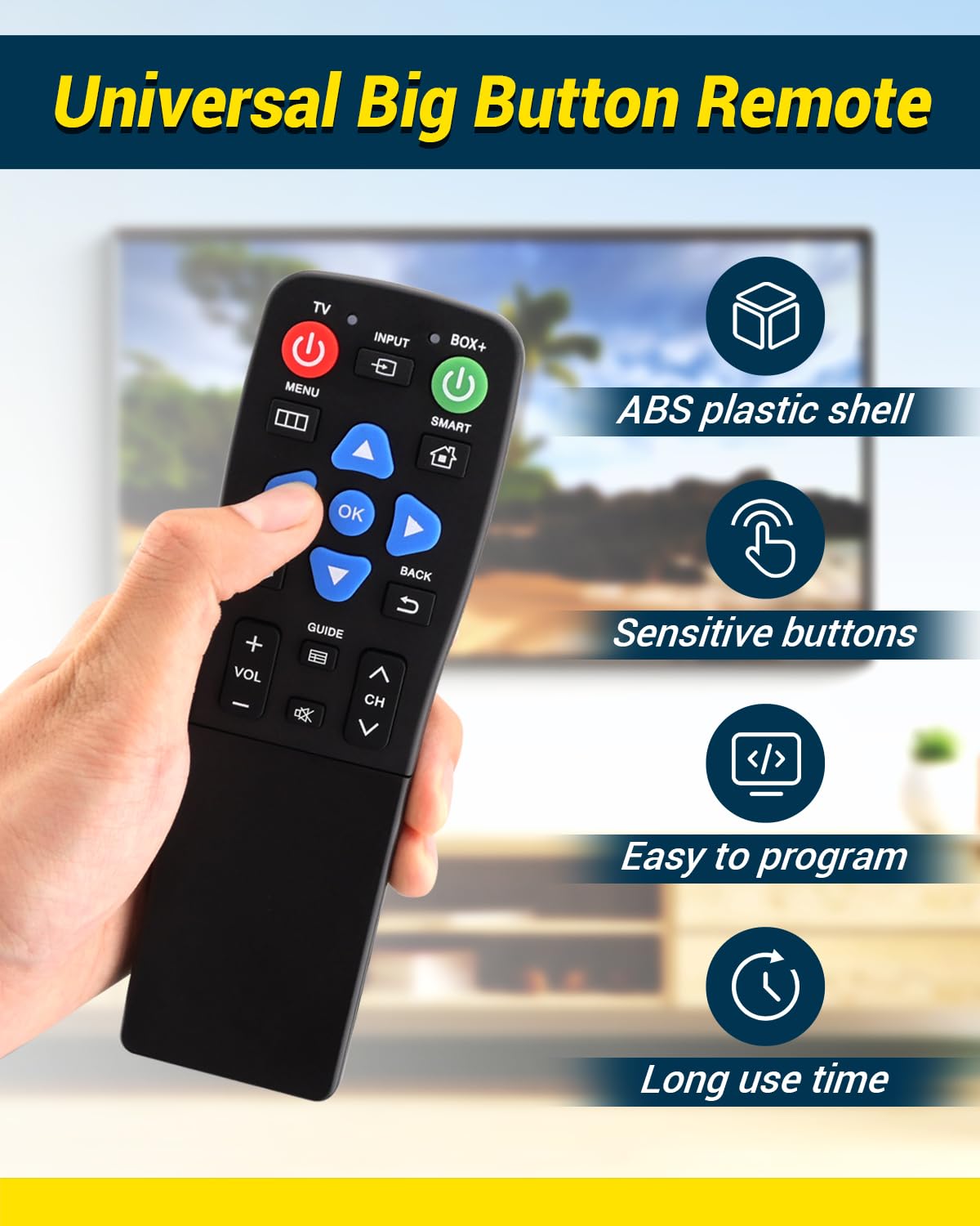 Big Button TV Remote Waterproof Control Remoto 4-in-1 Universal for Seniors with Learning Functions Easy to Use and Set Up for TV DVD/VCR/DVB Streaming Box Soundbar 2-Device Switching