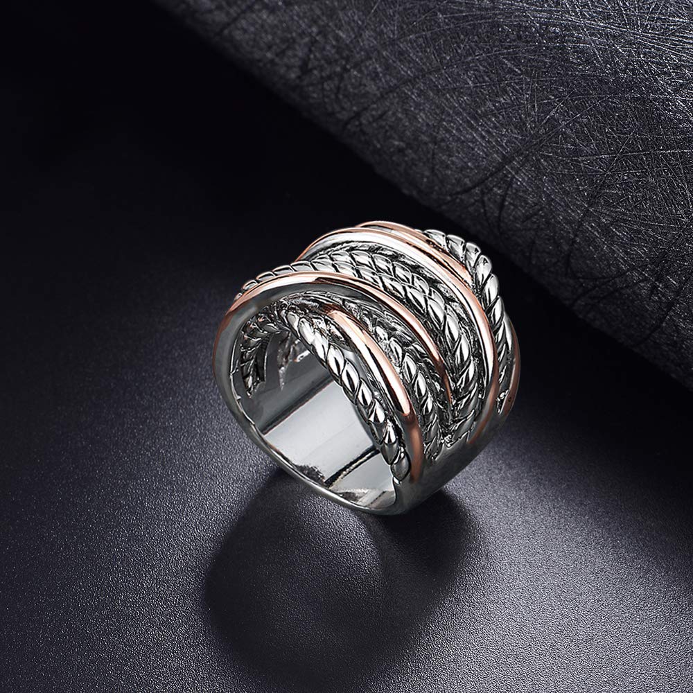 Mytys Gold and Silver Statement Rings for Women Wire Intertwined Design 14K Gold Plated Silver Band Ring Wide Index Finger Rings Costume Jewelry (Rose gold & Silver, 8)