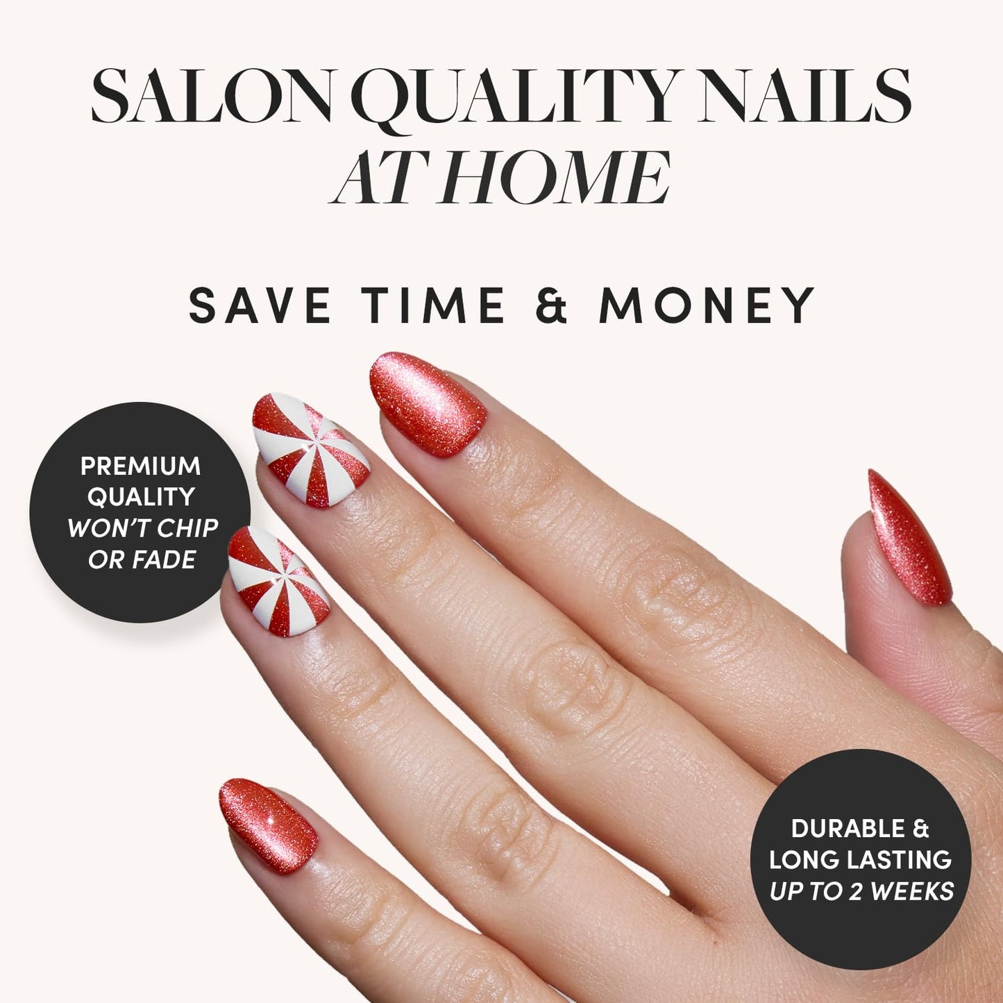 Glamnetic Press-On Nails Bundle - Cocoa & Kisses & Candy Crush | Short Oval Nude Nails with Festive Winter Graphics | Short Oval Fake Nails with Candy Cane Swirl Design and Velvet Finish | Durable, Sa
