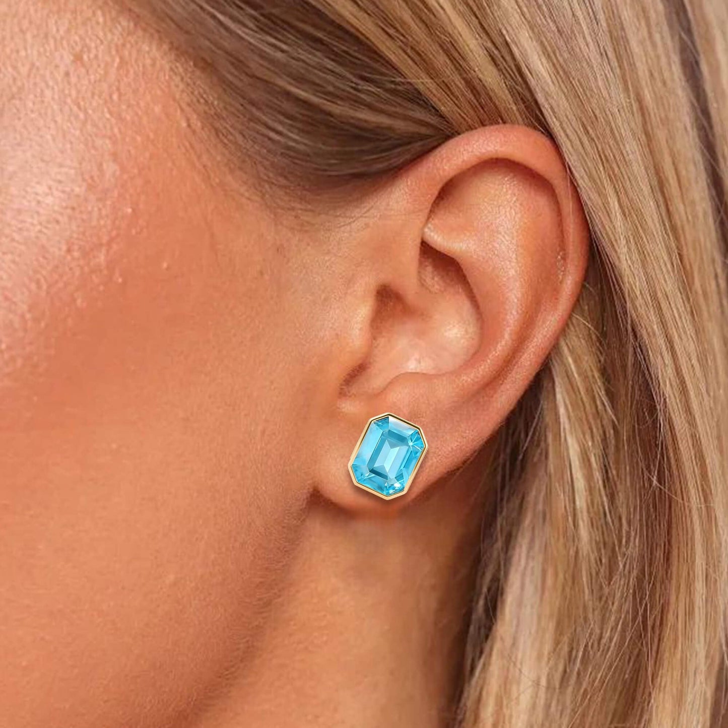 Austrian Crystal Octagon Stud Earrings for Women Fashion 925 Sterling Silver Post Hypoallergenic Jewelry (Blue Zircon)