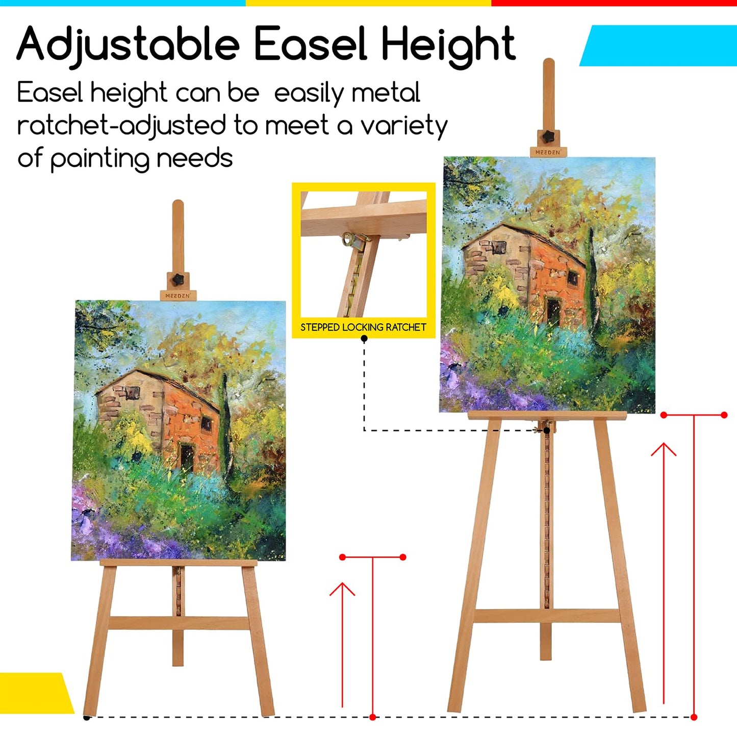 MEEDEN Painting Wooden Art Easel: Solid Beechwood Display Easel Stand Hold Canvas up to 43'' - Adjustable Easel from 57''-76" for Adults Student Studio Gallery - Natural