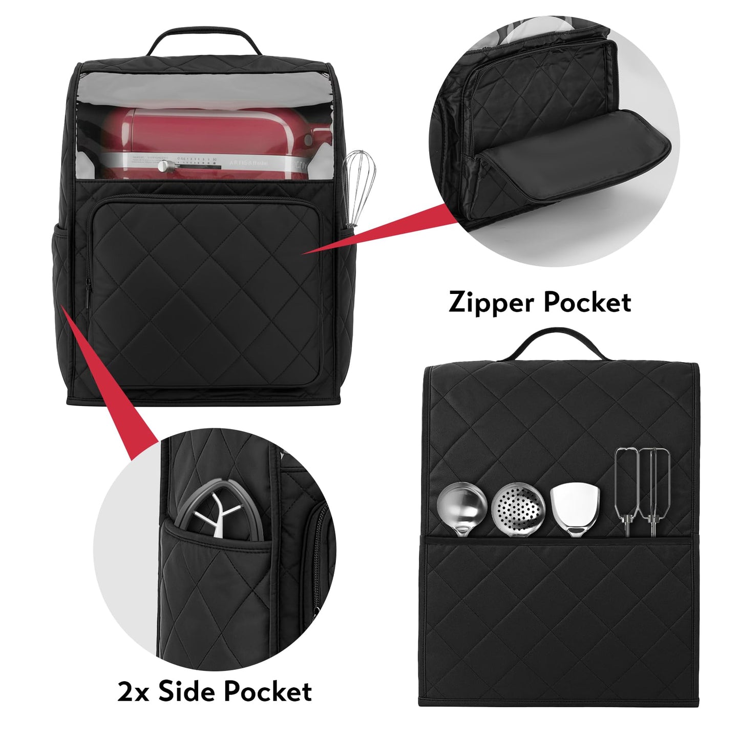 Stand Mixer Cover Compatible with KitchenAid 6/7/8 Quart Bowl Lift Mixers, Washable Appliance Dust Cover with Multi Pockets for Kitchen Aid Accessories and Attachments, Black