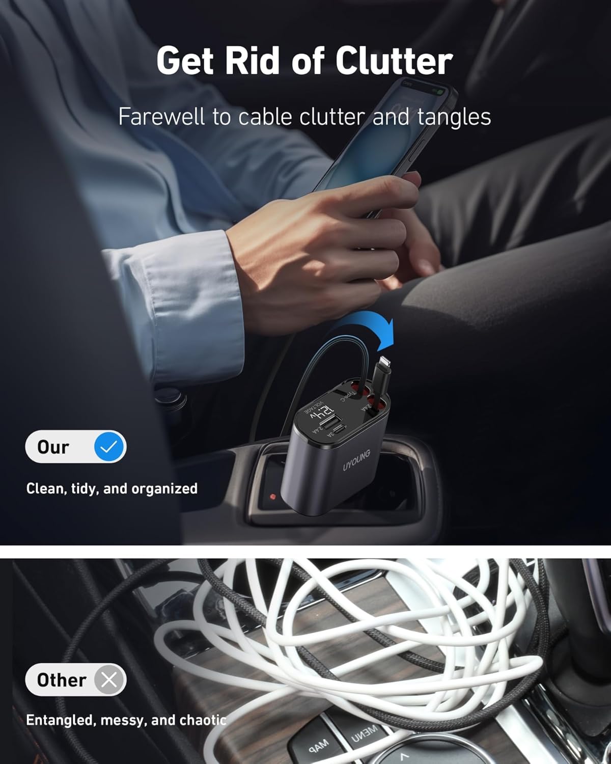 Car Phone Charger Adapter 2Pack Retractable Car Charger 4in1 Fast Charging Dual Retractable Cables 31.5 Inch Multiple Ports Charging Station Compatible with iPhone 16/15/14/13/12/11 Pro Max/Samsung