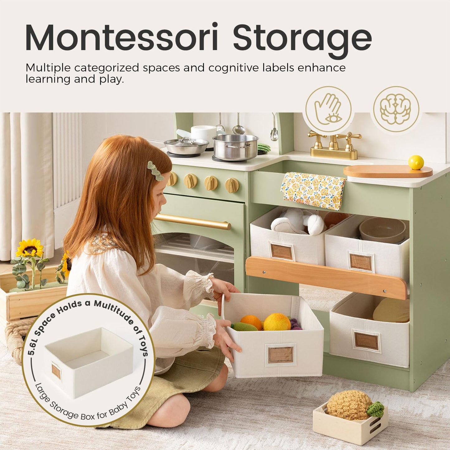 Tiny Land Wooden Play Kitchen for Kids – Enhanced Storage with Cabinets & Bins, Modern Toddler Kitchen Playset with Stove, Sink & Accessories