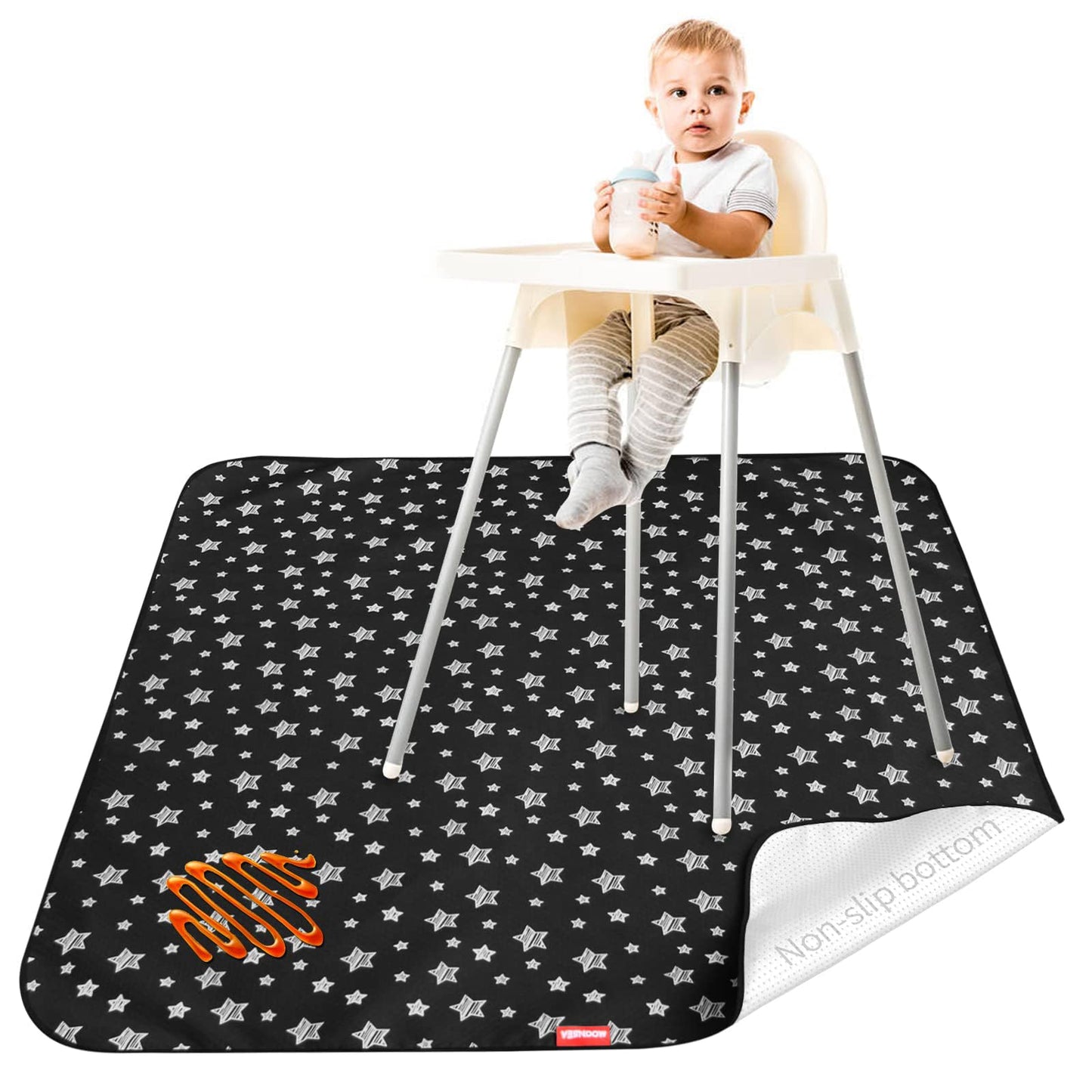 High Chair Mat Waterproof and Washable Splat Mat, Baby Splat Mat for Under High Chair, Non Slip Mat for Art/Crafts/Playtime, Protable Picnic Table Cloth Mat, 46'' x 42'', Black Star