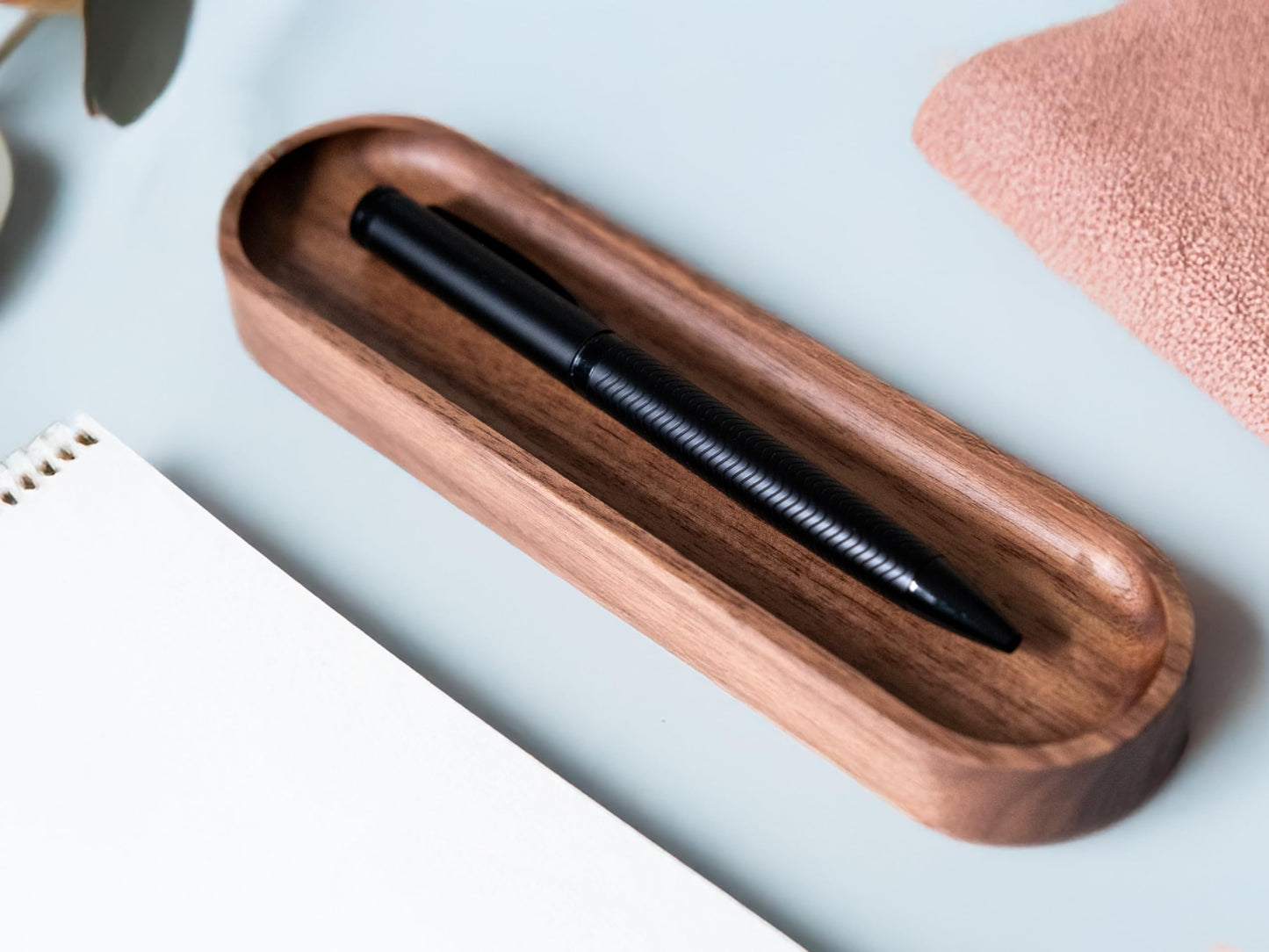 Timber Box Design Walnut Wood Pen Tray, Minimalist Oval Wooden Pencil Holder, Office Desk Organizer, Writing Instrument Rest, Work Student Teacher Gift
