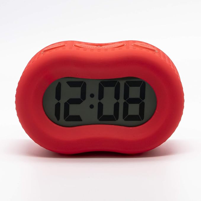 Timelink Smartlight Rubber Alarm Clock with Automatic Night Light and Large Display ?€? Easy-to-Use Digital Alarm with Snooze, Soft Rubber Case, Battery Operated, for Kids and Adults (Red)