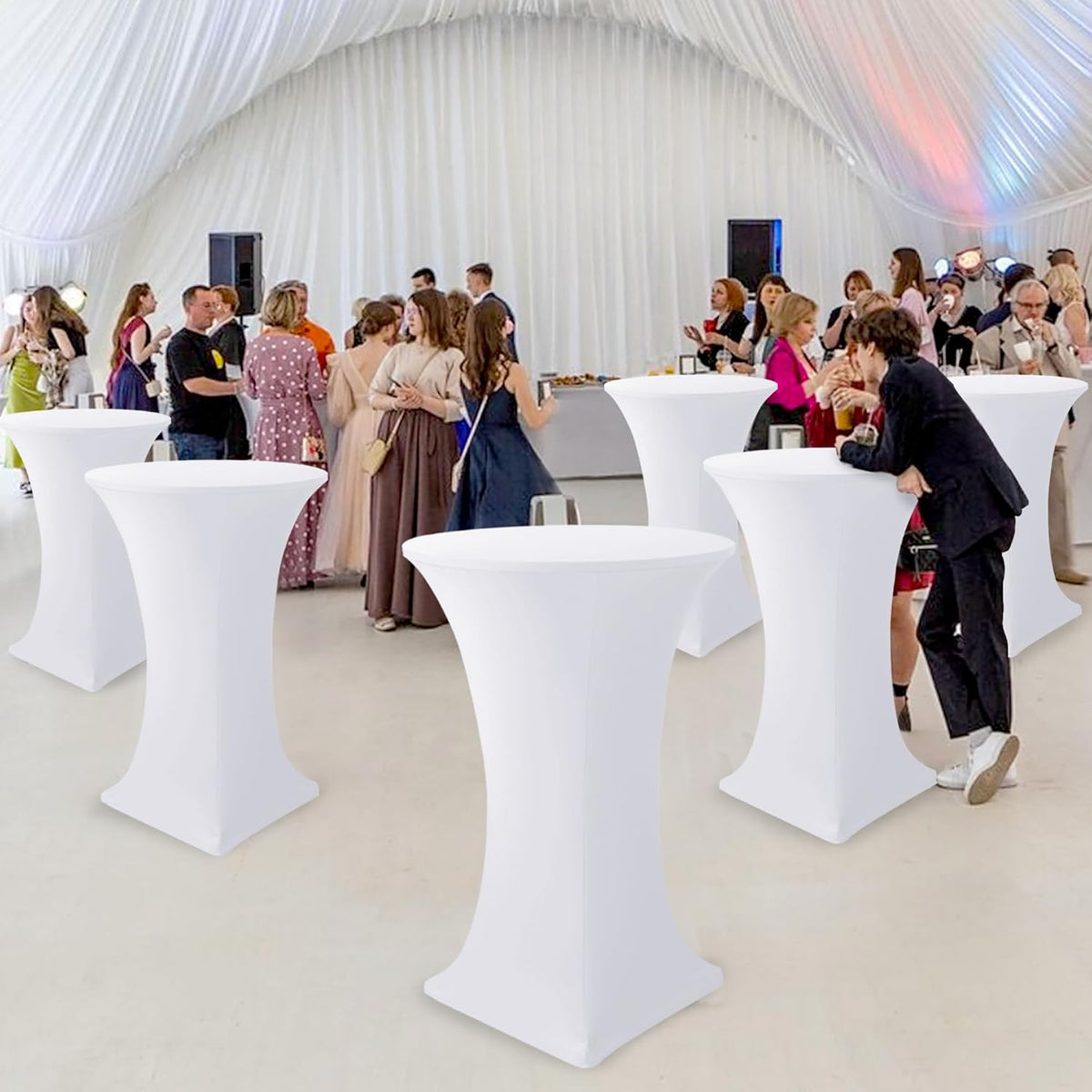 Cocktail Table Covers-Spandex Round High Top Table Cloths 8 Pack 32x43 Inch-White Stretch Fitted Bar Tall Tablecloth for Pub Bistro Highboy Party Event Banquet Height Folding Satnding Tables