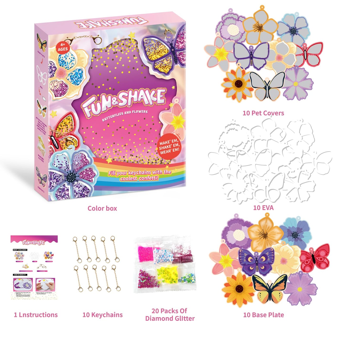 Artnedu Shake-its– Fun&Shake Kit de artesanato com Glitter para crianças, artes e artesanato DIY com chaveiros,Flowers & Butterflies,Creative Gift for Girls & Boys Ages 4, 5, 6, 7, 8, 9, 10
